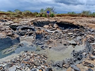 Врез речного русла в прибрежно-морские отложения в результате падения уровня моря и экстремального паводка, устьевая область реки Артузен. Автор фото: В.В. Крыленко
