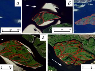 Острова разных типов на средней Лене. Использованы снимки со спутников Sentinel-2 и WorldView