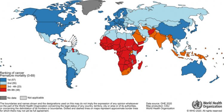 Количество стран, в которых рак занимал первое (57 стран — синий цвет), второе (55 стран — голубой цвет), третье (23 страны — оранжевый цвет) и четвёртое место (48 стран — красный цвет) среди ведущих причин смертности населения за 2019 г. по данным Всемирной организации здравоохранения. Источник иллюстрации:  Global cancer statistics 2020 