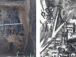 Слева: нижний ярус «клетей» в основании вала IX века. Справа: фрагмент гравюры со штурмом Смоленска 13 июня 1611 г. Мастерская Томаша Маковского по рис. Ф. Шемберга. 1611 г. 