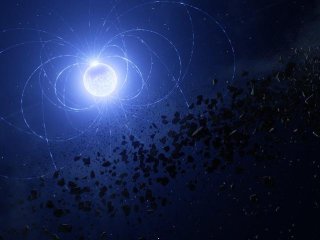 На этом снимке художника изображен магнитный белый карлик WD 0816-310, на поверхности которого астрономы обнаружили шрам, отпечатавшийся в результате попадания планетарного мусора. Когда такие объекты, как планеты или астероиды, приближаются
