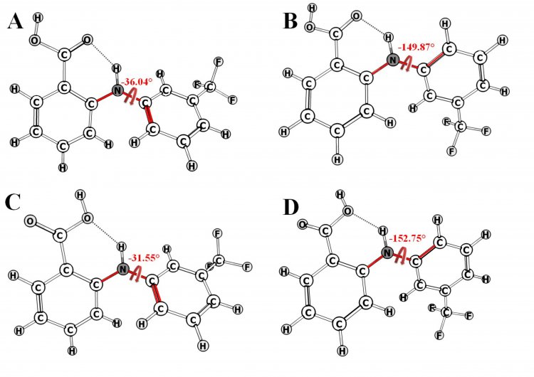 Четыре конформера молекул флуфенамовой кислоты. Источник: Khodov et al. / Materials, 2022