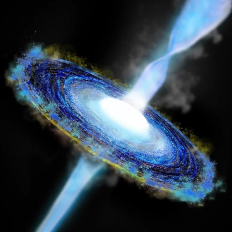 Блазары ― это разновидность квазаров, активных ядер галактик, в центре которых находятся сверхмассивные черные дыры. Квазары испускают узкие и мощные струи плазмы, а блазарами называют такие квазары, струи которых направлены прямо на Землю. Источник справки: сайт РАН. На фото ― блазар в представлении художника. Источник иллюстрации: Вселенная вокруг нас.