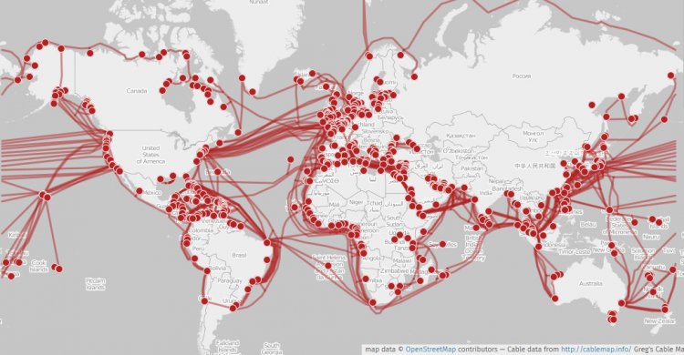 Карта мировых подводных цифровых кабелей, 2015 г.