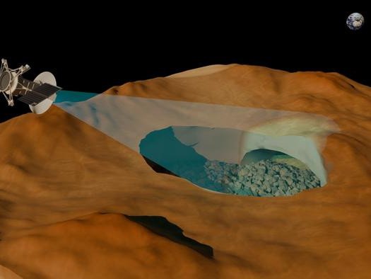 Сквозь атмосферу Венеры в районе горы Никта видна подземная пещера, которая, по предположению ученых, является лавовой трубкой. Это образование было обнаружено в ходе анализа радиолокационных изображений. Фото: RSLab, University of Trento