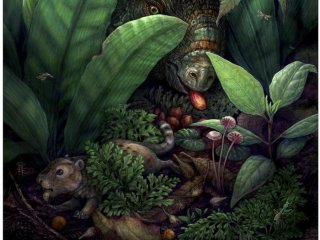 На этой научной иллюстрации, изображающей лес позднего мелового периода, маленькое млекопитающее и рогатый динозавр поедают мясистые плоды цветущих растений. Фото: Brian Engh / University of Kansas