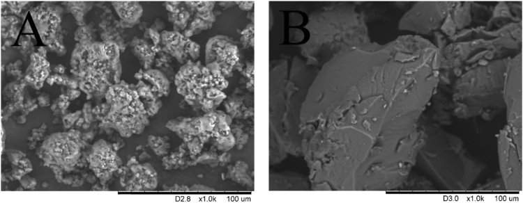 Гранулы лигнина (слева) и гранулы сульфатированного лигнина (справа), фотография сделана при помощи сканирующего электронного микроскопа