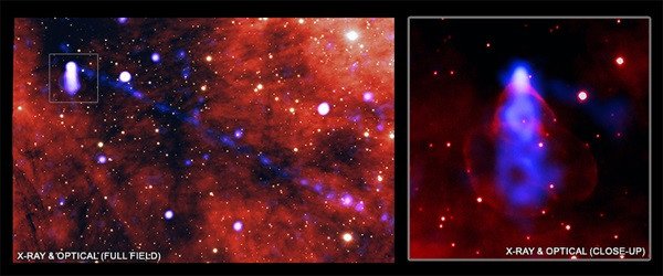 Позитронный луч от пульсара PSR J2030+4415. В 2022 г. рентгеновская обсерватория  NASA Chandra сфотографировала пучок материи и антиматерии длиной около 60 трлн км, который породил пульсар. Результаты исследования были опубликованы в The Astrophysical Journal. Источник изображения: M. de Vries / NASA / CXC / Stanford Univ.