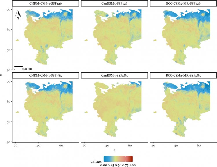 Карта возможного распространения борщевика в 2040–60 гг. на основе модели учёных из Сколтеха. В верхнем и нижнем ряду — оптимистичный и пессимистичный сценарии сокращения атмосферных выбросов. В разных столбцах — три модели глобального потепления, которые отличаются в первую очередь чувствительностью климата к концентрации углекислого газа в атмосфере. Зелёный цвет соответствует существенному риску заражения территории борщевиком, голубой — низкому. Видно, что расширение ареала обитания сорняка прогнозируется при любом развитии событий. Источник: Диана Колдасбаева/Scientific Reports