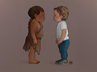 Иллюстрация, на которой сравниваются неандерталец (слева) и современный ребенок (справа). Фото: Alice Walczer Baldinazzo / University of Queensland