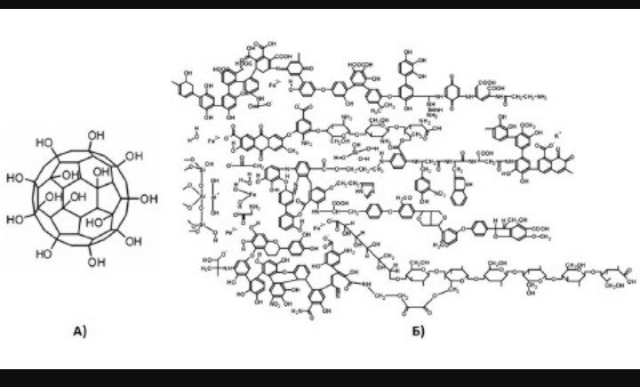 Рисунок. Углеродные наноструктуры: A) фуллеренол С60; Б) структурный фрагмент гуминовых веществ. Источник: Екатерина Ковель