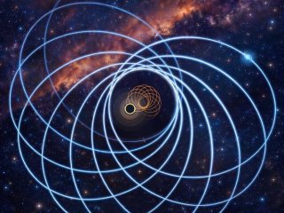 Художественное представление эксцентричной двойной системы, состоящей из нейтронной звезды и черной дыры. Траектория нейтронной звезды показана синим цветом. Фото: Geraint Pratten, Royal Society University Research Fellow, University of Birmingham