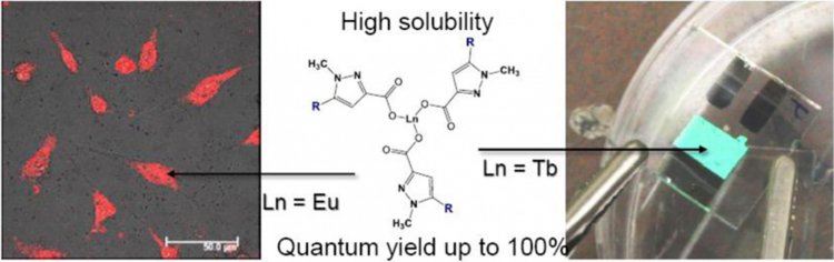 Свечение соединений тербия (зелёный свет). Источник: Valentina V. Utochnikova et.al./Lanthanide pyrazolecarboxylates for OLEDs and bioimaging, Journal of Luminescence, Volume 202, 2018, Pages 38-46