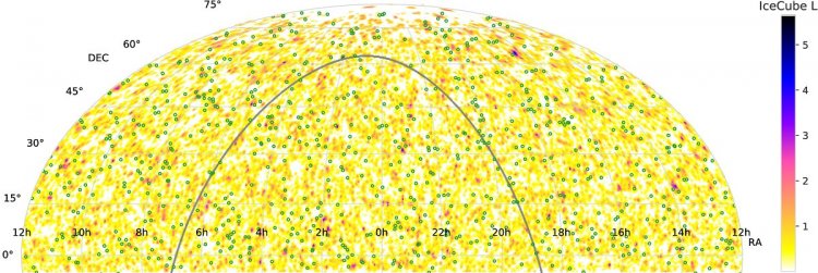 Карта неба. Чем темнее (от белого к желтому — красному — синему — черному), тем больше вероятность прихода нейтрино из данного направления. Квазары показаны зелеными кружками. Внимательный глаз может заметить, что зеленые кружки предпочитают не находиться