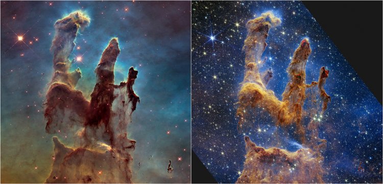 Столпы Творения. Сравнение снимков телескопов «Хаббл» 2014 г. (слева) и «Джеймса Уэбба» 2022 г. (справа). 