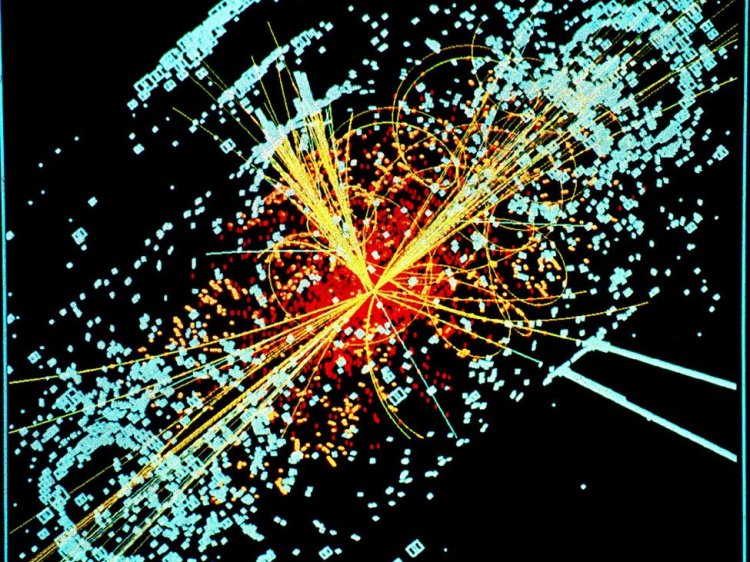 Моделирование, показывающее появление бозона Хиггса при столкновении двух протонов. Источник: Wikipedia / Lucas Taylor / CERN
