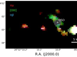 Карта линейного излучения водорода (красным и синим) и кислорода (зеленым) в системе PJ308-21, показанная после маскировки света от центрального квазара ("QSO"). Различные цвета галактики-хозяина квазара и галактик-компаньонов. Фото: Decarli/INAF/A&A 2024