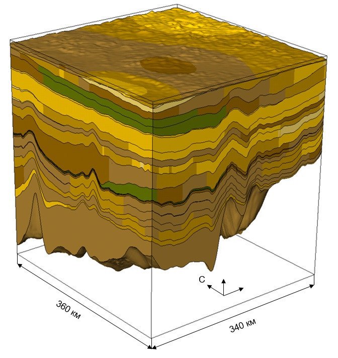 Литологическая модель участка Северо-Тазовского очага. Чем темнее слой породы, тем больше в нем глинистой составляющей и меньше песка. / Иллюстрации предоставлены П.И. Сафроновым