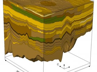 Литологическая модель участка Северо-Тазовского очага. Чем темнее слой породы, тем больше в нем глинистой составляющей и меньше песка. / Иллюстрации предоставлены П.И. Сафроновым