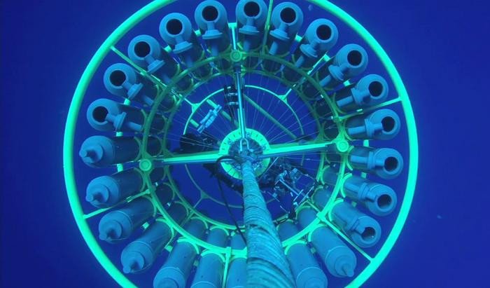 Вид на пробоотборник в виде розетки, поднимающийся к поверхности для сбора проб. Фото: Hawai'i Ocean Time-series