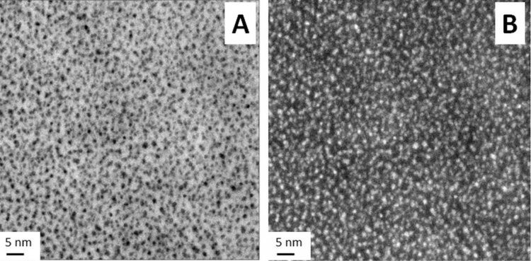 Электронно-микроскопические изображения полученного биметаллического образца на сеточке для просвечивающей электронной микроскопии, слева в светлом, справа в темном поле. Темные (и светлые справа) частицы – это частицы сплава. 