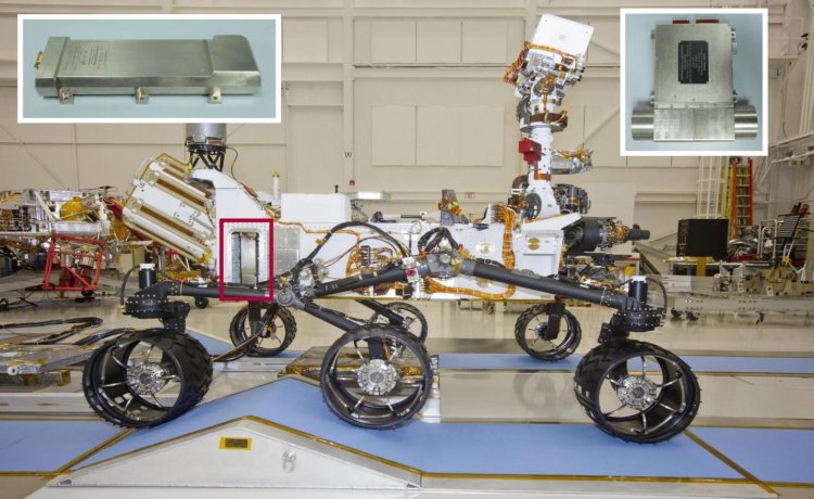 Марсоход Curiosity и прибор ДАН на его борту. Красной рамкой отмечено расположение научной аппаратуры ДАН на ровере. Изображение © NASA