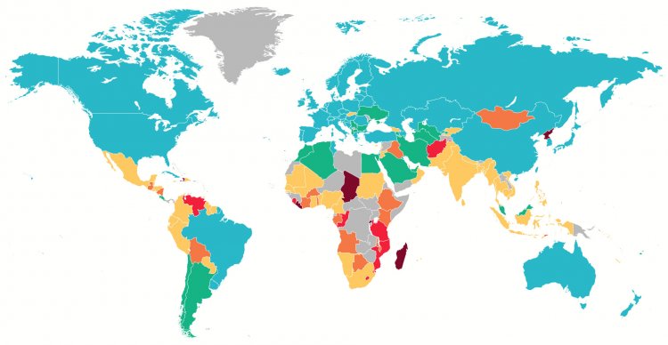 Карта стран мира по проценту населения, страдающего от голода, по данным WFP, 2020 г.