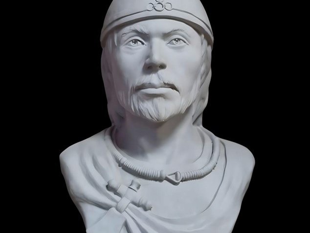 Скульптурная реконструкция по черепу воина из могильника Ундрих 2015, яма 90. Пластилин. Авторы Е. В. Веселовская, О. И. Алехина.