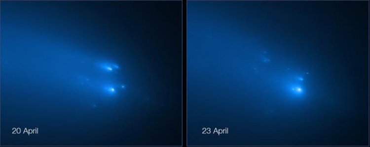 Распад кометы ATLAS на снимках телескопа Hubble 20 и 23 апреля © NASA/ESA/D. Jewitt/UCLA/Q. Ye/University of Maryland