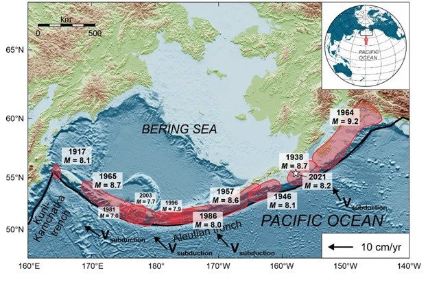 Алеутская островная дуга. Даты сильных землетрясений. Источник: Geosciences