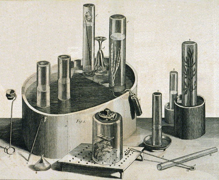 Приборы Дж. Пристли для исследования газов. Joseph Priestley (1733-1804). Frontispisce of Experiments and Observations on Different Kinds of Air / Общественное достояние / Wikipedia