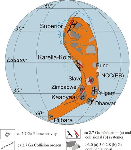 Рисунок 5. Реконструкция суперконтинента Кенорленд по геологическим и палеомагнитным данным (Лубнина, Слабунов, 2011; Slabunov, Lubnina, 2016)