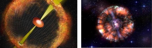 Художественная иллюстрация двух наиболее вероятных моделей компактного объекта в сверхновых типа «коровы»: черная дыра, аккрецирующая вещество в сверхкритическом режиме с образованием релятивистских струй (слева), и быстро вращающаяся нейтронная звезда со сверхсильным магнитным полем (справа). Источники: Bill Paxton, NRAO/AUI/NSF (левый рисунок); Shanghai Astronomical Observatory, China (правый рисунок); Yuhan Yao (Caltech).  Рисунок заимствован с сайта HEASARC Picture of the Week