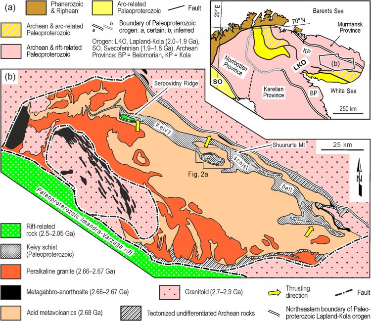 Рис. 1. (а) Основные тектонические единицы северной части Фенноскандинавского щита (упрощенно). (б) Схематическая геологическая карта Кейвского террейна (упрощенная)