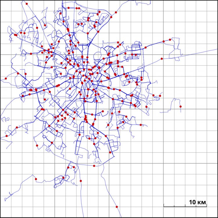 Модельная сеть подвижных геосенсеров: синие линии — маршруты движения, красные — моментальное положение. 