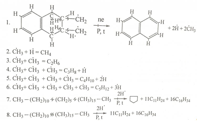 Рисунок 1. Схема образования газообразных и жидких УВ из твердого органического вещества с парамагнитными центрами, расположенными на концах алифатических цепей молекул.
