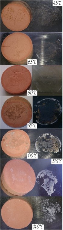 Поверхность пластин и образцы хлорида калия после сушки и отрыва при различных температурах