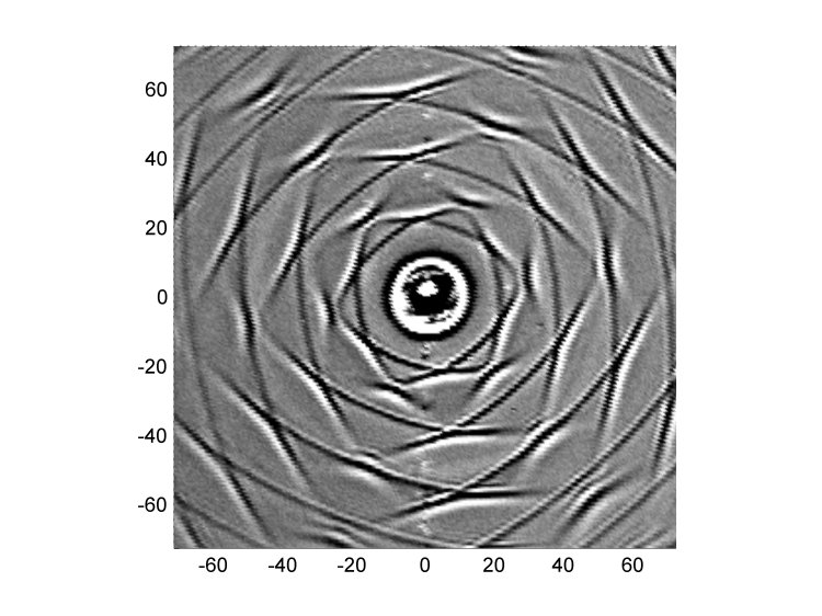 Гиперзвуковые волны, распространяющиеся вдоль среза (111) монокристалла теллурида кадмия. Пятно в центре рисунка – область начального возбуждения волны. Источник: ФИАН