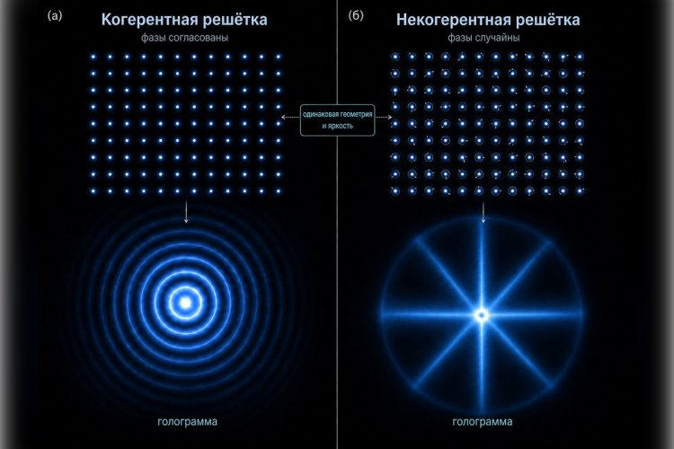 В обеих схемах расположение узлов и средняя плотность фотонов одинаковы. В когерентной решетке (а) относительные фазы волновых пакетов одинаковы. В некогерентной решетке (б) относительные фазы волновых пакетов случайны.Источник изображения: предоставлено ученым физического факультета ТГУ Петром Казинским