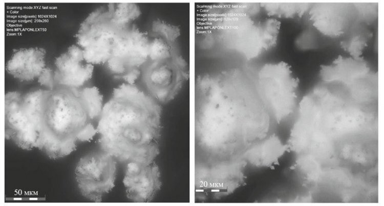Микрофотографии образцов TiO2. Увеличение в 1069 (слева) и 2047 раз (справа). Источник изображения: Glass and Ceramics, Springer.